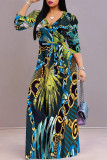 Tangerine Red Elegant Floral Print Lace Up Contrast V Neck Printed Dresses