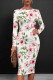 Pink Green Casual Print Patchwork O Neck Wrapped Skirt Dresses