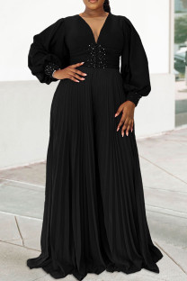 Black Elegant Solid Color Patchwork Beading Ruched V Neck Long Dresses