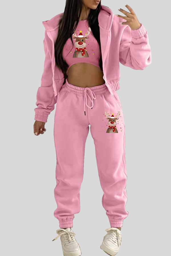 Pink Casual Print Draw String Pocket Patchwork Zipper Zipper Collar Long Sleeve Three Pieces