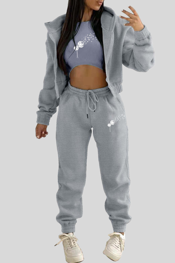 Grey Casual Print Draw String Pocket Patchwork Zipper Zipper Collar Long Sleeve Three Pieces