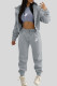 Grey Casual Print Draw String Pocket Patchwork Zipper Zipper Collar Long Sleeve Three Pieces