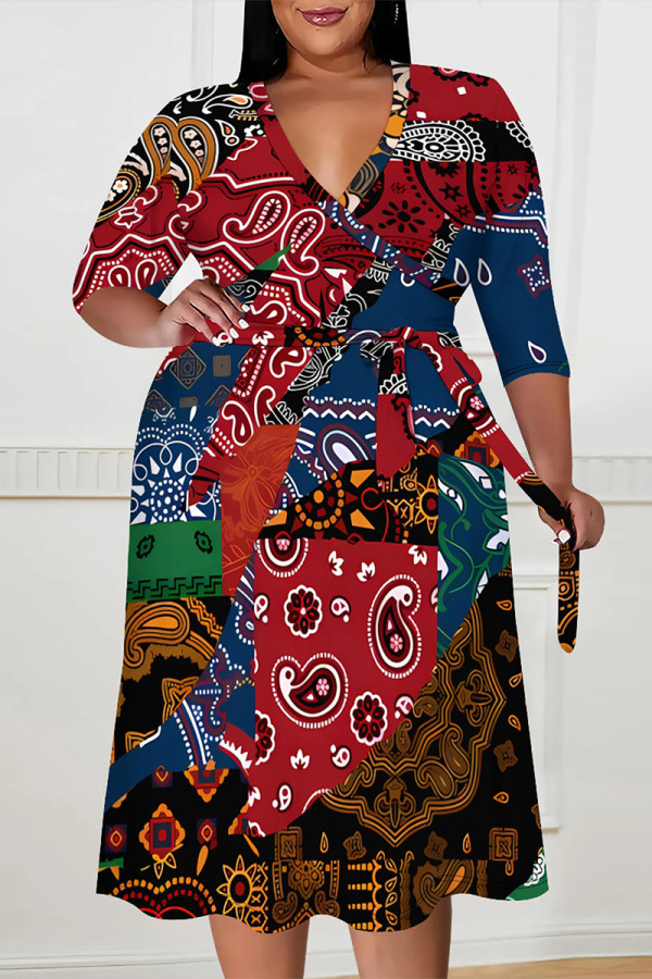 Red Casual Floral Print Lace Up Contrast V Neck Printed Plus Size Dresses