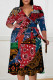 Red Casual Floral Print Lace Up Contrast V Neck Printed Plus Size Dresses