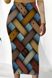 Multicolor Casual Faux Denim Print Contrast Regular High Waist Full Print Bottoms