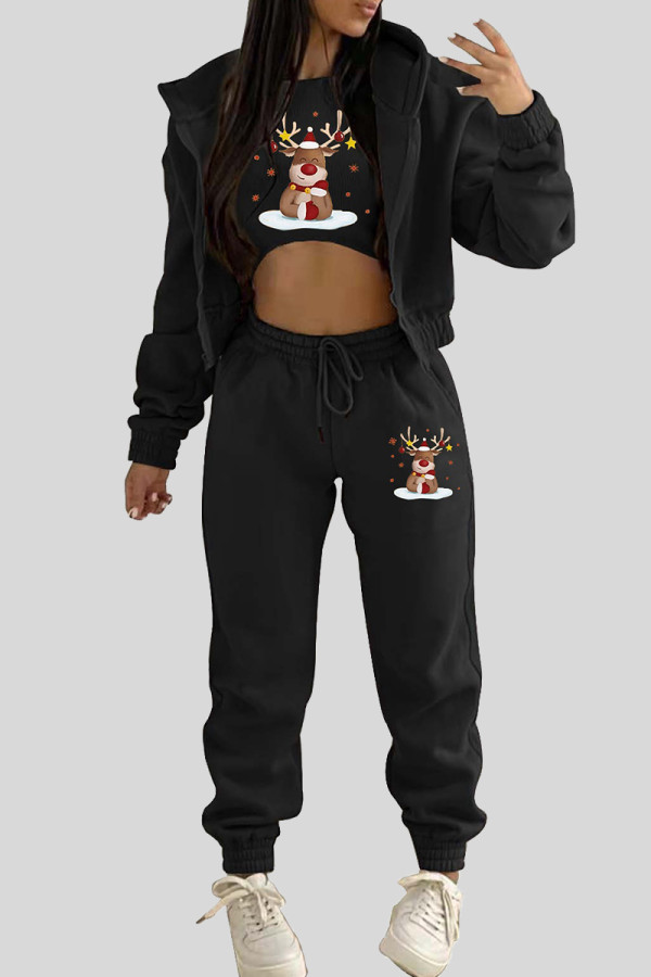 Black Casual Print Lace Up Patchwork Zipper Zipper Collar Long Sleeve Three Pieces