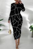White Orange Casual Print Patchwork O Neck Wrapped Skirt Dresses