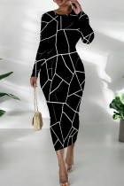 Black Casual Print Patchwork O Neck Wrapped Skirt Dresses