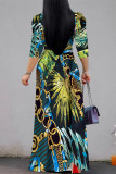 Tangerine Red Elegant Floral Print Lace Up Contrast V Neck Printed Dresses