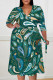 Green Casual Floral Print Lace Up Contrast V Neck Printed Plus Size Dresses