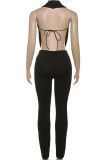 Black Casual Solid Color Patchwork Ruched Deep V Neck Sleeveless Two Pieces