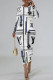 White Casual Street Geometric Print Letters Contrast O Neck Printed Dresses