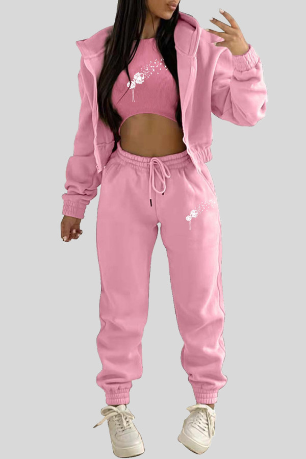 Pink Casual Print Draw String Pocket Patchwork Zipper Zipper Collar Long Sleeve Three Pieces