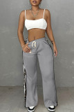 Grey Casual Print Pocket Patchwork Contrast Loose Mid Waist Straight Patchwork Bottoms