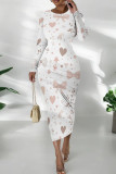 White Orange Casual Print Patchwork O Neck Wrapped Skirt Dresses