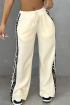 Apricot Casual Print Pocket Patchwork Contrast Loose Mid Waist Straight Patchwork Bottoms