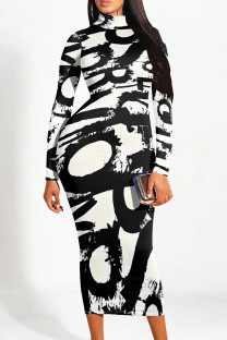 Black And White Casual Geometric Print Gradient Contrast Half A Turtleneck Printed Dresses