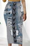 Multicolor Casual Faux Denim Print Contrast Regular High Waist Full Print Bottoms