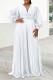 White Elegant Solid Color Patchwork Beading Ruched V Neck Long Dresses