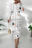 White Orange Casual Print Patchwork O Neck Wrapped Skirt Dresses