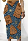 Multicolor Casual Faux Denim Print Contrast Regular High Waist Full Print Bottoms