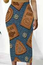 Medium Blue Casual Faux Denim Print Contrast Regular High Waist Full Print Bottoms