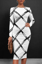 Black And White Casual Print Patchwork O Neck Wrapped Skirt Dresses