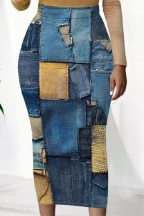 Navy Casual Faux Denim Print Contrast Regular High Waist Full Print Bottoms
