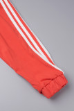 Red Casual Sportswear Daily Patchwork Plain Patchwork Draw String Pocket Pants O Neck Long Sleeve Two Pieces