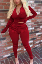 Red Street Pleuche Solid V Neck Long Sleeve Regular Sleeve Regular Two Pieces