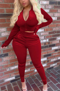 Red Street Pleuche Solid V Neck Long Sleeve Regular Sleeve Regular Two Pieces