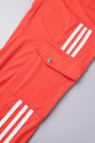 Red Casual Sportswear Daily Patchwork Plain Patchwork Draw String Pocket Pants O Neck Long Sleeve Two Pieces