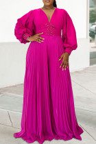 Rose Red Elegant Solid Color Patchwork Beading Ruched V Neck Long Dresses