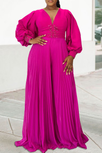 Rose Red Elegant Solid Color Patchwork Beading Ruched V Neck Long Dresses