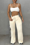 Grey Casual Print Pocket Patchwork Contrast Loose Mid Waist Straight Patchwork Bottoms