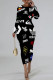 Black White Casual Cartoon Print Letters O Neck Printed Dresses