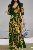 Green Elegant Floral Print Lace Up Contrast V Neck Printed Dresses