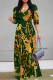 Green Elegant Floral Print Lace Up Contrast V Neck Printed Dresses