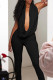 Black Casual Solid Color Patchwork Ruched Deep V Neck Sleeveless Two Pieces