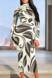 Coffee Casual Geometric Print Gradient Contrast Half A Turtleneck Printed Dresses