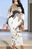 Coffee Casual Geometric Print Gradient Contrast Half A Turtleneck Printed Dresses