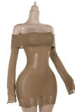 Brown Sexy Solid Color Patchwork Backless Off Shoulder Wrapped Skirt Dresses