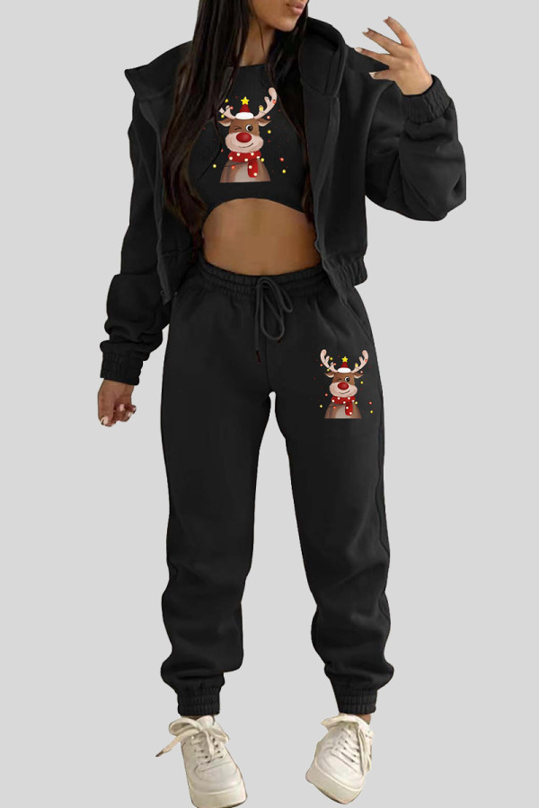 Black Casual Print Draw String Pocket Patchwork Zipper Zipper Collar Long Sleeve Three Pieces
