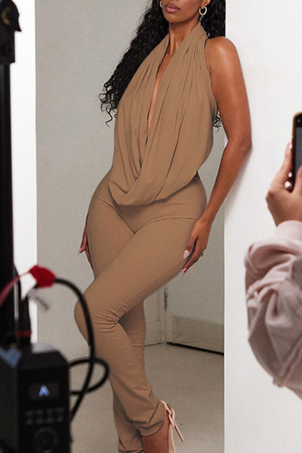 Khaki Casual Solid Color Patchwork Ruched Deep V Neck Sleeveless Two Pieces