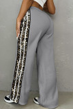Grey Casual Print Pocket Patchwork Contrast Loose Mid Waist Straight Patchwork Bottoms