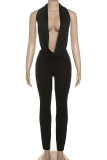 Black Casual Solid Color Patchwork Ruched Deep V Neck Sleeveless Two Pieces