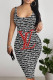 Black White Sexy Street Letter Print Contrast U Neck Printed Dresses