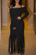 Black Casual Solid Color Fringed Trim Patchwork Off Shoulder Long Dresses