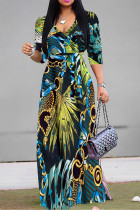 Turquoise Elegant Floral Print Lace Up Contrast V Neck Printed Dresses