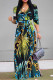 Turquoise Elegant Floral Print Lace Up Contrast V Neck Printed Dresses